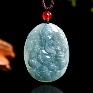 TIMESWIND Natural A-grade Jade Blue Water Elephant God Oval Men Necklace with Certificate