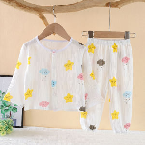 Childrens Double Layer Cotton Flannel Sleepwear Thin Home Clothes Air Conditioner Suit Baby Boys Girls Spring Summer Home Clothes