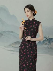 Spring Summer New Chinese Style Flower Print Mandarin Collar Fitted Sleeveless Dress