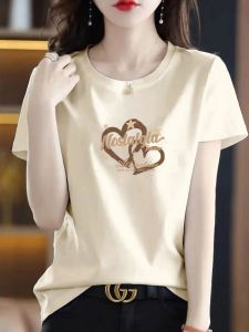 Export First-Line Big Brand Export Pure Cotton T-Shirt Short Sleeve Elegant Female Fashion Shoulder Print Inner Bottoming Shirt