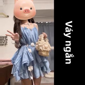 LIRUSHAN | Đầm Halter Màu Xanh Cho Mùa Hè Kiểu Ngắn