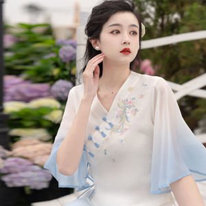 Reformulated Traditional Chinese Costume Womens Fashion V-neck Two-piece Set Ear Picking Professionals Workwear Summer
