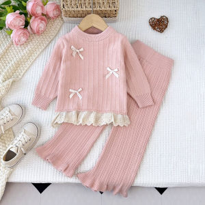 Bear Leader 2 to 6 Years Baby Girls Clothes Sets Winter Elegent Lace Bow Sweater Pullover and Pink Knitting Pants 2Pieces Suits Kids Knitted Autumn Clothing Outfits Casual Wear