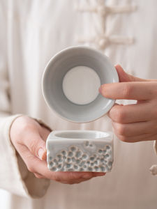 GuSheng Ceramic Grey Ice Tea Strainer Set Complete Porcelain One-Piece Tea Filter Accessories for Gongfu Tea Brewing
