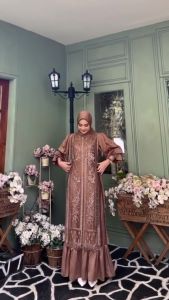Melia Dres mix brukat jumbo size M-XL gamis brokat model wanita dewasa dress gamis bahan roberto silk baju kondangan tangan karet wanita dress gamis terbaru 2023 murah dress maxi wanita muslim elegan ootd gamis pesta kondangan gamis sage green COD-KL