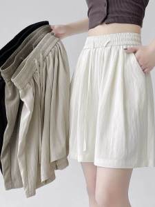 Summer Thin High Waist Slimming Ice Silk Wide Leg Five-Quarter Pants Womens Casual Loose Shorts Mid-Length Casual Trousers