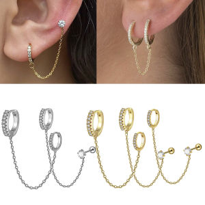 1/2/3/6PCS Sets Stainless Steel Zircon Long Chain Earrings Ear Cuff Double Hoop Earrings Double Piercing Helix Tragus Piercing