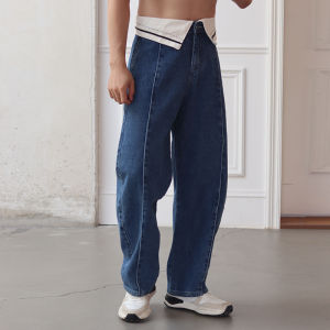 Retro Fashion Color Block Deconstructed Knife Edge Jeans Men Casual Lazy Wide Leg Straight Cut Denim Pants Harajuku Style