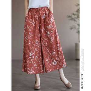 Retro Ethnic Style Wide Leg Cotton Red Casual Pants Nine Points Loose Waist Floral Embellished Trousers for Women