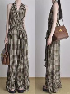French Style Retro Elegant Suit Stylish Tie-Neck Plaid Halterneck Vest High Waist Wide Leg Casual Trousers Two-piece Set