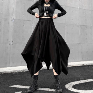 Dark สีดําไม่สม่ําเสมอกระโปรงเอวสูง Goth Punk Gothic สีดํา Harajuku ยาว Vintage กระโปรงเสื้อผ้าแฟชั่นเกาหลี