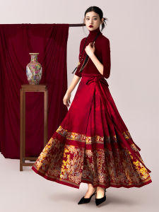 New Chinese Style High End Womens Spring Hanfu Semi-skirt Ming Dynasty Horse Face Skirt Wine Red Color Ceremony Dress