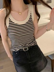 Áo Ba Lỗ Không Tay Kẻ Sọc Mùa Hè Cho Nữ Cỡ Lớn Áo Lót Bên Trong Áo Khoác Ngoài Áo Thun Bó Sát Áo Thun Cổ Tròn Thường Ngày