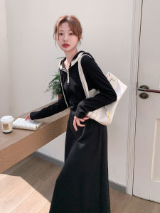 Black Casual Style Slimming Hoodie Dress Womens Autumn New Fashion High Waist Lengthening Effect Ladies Long Sleeve Dress