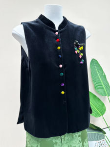 Velvet Embroidered Flower Jacket Womens Sleeveless Stand Collar Candy Button Vintage Style Commute Wear Regular Thickness