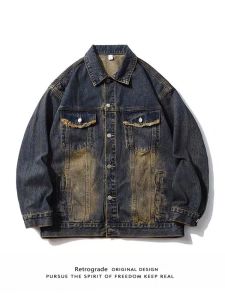American Retro Blue Faded Jeans Jacket Mens Spring Autumn Loose Casual Outerwear Long Sleeve Button up Classic Style