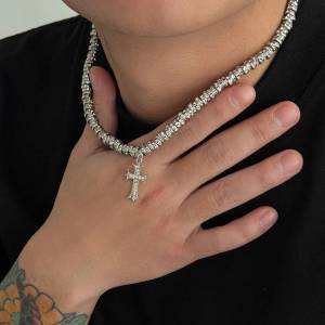 Salircon Hip Hop Punk Rhinestone Necklace For Men Women Vintage Irregular Jesus Cross Pendant Choker Necklace Y2K Jewelry Gift