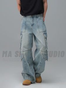 Retro American Washed Light Blue Heavy Pocket Work Pants Loose Wide Leg Jeans Youth Trendy Long Trousers for Men Casual Wear