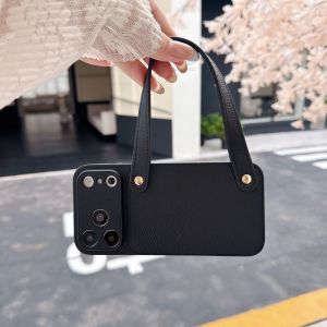 szhaiyu | For iPhone 18 Pro Max 17 16 15 14 Pro PU Leather Plain Color Phone Case With Wrist Strap Shockproof Portable Practical Cover