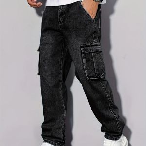 Mens Loose Fit Washed Denim Cargo Pants with Large Pockets Street Style Casual Jeans Suitable for Casual Wear