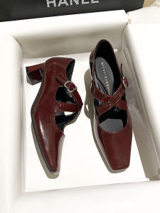 Red High Heels Womens Chunky Heel Mary Janes Cross Strap Fashionable Korean Style round Toe Daily Wear Soft Leather Shoes