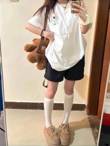 Quần Short Cotton Cạp Cao Màu Đen Phong Cách Mỹ Thường Ngày Cho Nữ Mùa Hè Quần Ống Rộng Chữ a Cạp Chun Dài 5 Inch