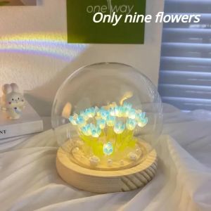 DIY Artificial Tulip Flower Night Light Ornaments Handmade Bedside LED Night Lamp Bedroom Desk Decor Birthday Gifts Table Lamp