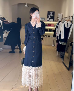 French Elegant High Waist Mermaid Dress Lace Splicing V-Neck Long Sleeve Spring New Style Womens Fashion Dress