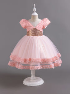 3 Colors Gown for Baby Girls Dress Bow Birthday Party Sequins 3d Flower Short Sleeve Layered Girls Dress Midi Girls Dress Kids Flower Girls Wedding Dress Girls Princess Dress Performance Age 3 To 10