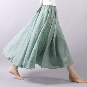 Double-Layer Cotton and Linen Skirt Womens Spring and Summer Mid Length Long Length Artsy Ethnic Style Linen Dress Large Size Hanfu Long Skirt