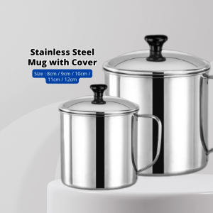 YU Ready Stock 9cm - 12cm Thicken Stainless Steel Mug with Lid / Coffee Cup with Cover / Cawan Kopi