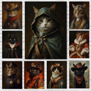 Renaissance Portrait Cat Art Posters Funny Cats Prints Canvas Painting Animal Wall Art Pictures Home Living Room Decoration2