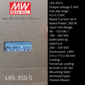Mean Well LRS-350-5 350W 5V 60A AC/DC Single Output Meanwell Power Supply - Original -1 Year Warranty