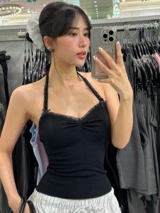 Spicy Girl Pure Desire Lace Trim Splice Hanging Neck Strap Backless Small Vest Top Summer 2024 Womens Street Style Fashion