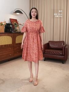Light Maturity Flower Pattern Rope Waist Dress 100% Ramie Summer