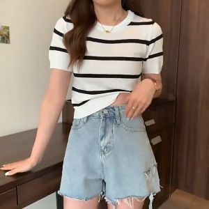 🦋 NLONKE T-shirt for Women Korean Style Striped Round Neck Knitted Top Women New Style 2025 Blouses