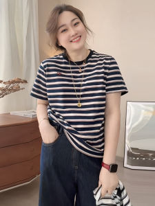 plus Size Fashionable Striped Color Block round Neck Short Sleeve T-Shirt Women Summer Loose Concealing Slimming Attractive Top