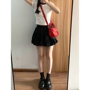 Black Bloomer Halter Neck Mini Dress Womens Spring Summer High Waist A-Line Pleated Short Skirt Lantern Pants Korean Style