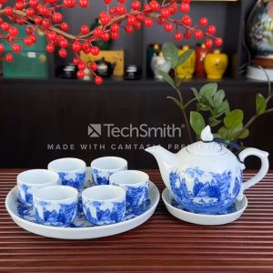 Bộ Ấm Pha Trà Men Lam Chóp Lửa Khay Đĩa Đơn Bát Tràng Trúc Lâm Thất Hiền - Ấm Dung Tích 330ML