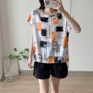 Summer Floral Cotton Silk Short Sleeve Base Shirt Loose Casual Style Slimming Thin T-Shirt round Neck Splice Element Casual Fashion
