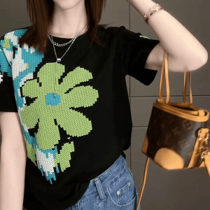 Summer New Womens Short Sleeve T-Shirt round Neck Thread Cotton Flower Print Fashionable Korean Style Slim Fit Commute Style