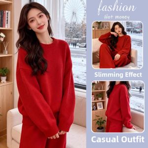 LIANGYILAILIN | Cozy Elegant Red Sweater Set