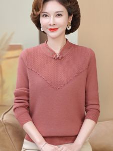 Thickened Fleece Womens Knitwear Inner Shirt New Chinese Style Mommy Autumn Winter Warm Fashionable Loose Fit Mid-aged And Elderly