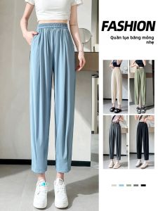 YAMIANNV | Quần dài thể thao mỏng bằng lụa băng mùa hè mới rộng rãi cạp cao quần dài thể thao Nine Points cho nữ