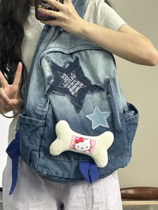 Cartoon Cat Sweet Versatile Denim Color Block Backpack School Bag for College Students Casual Leisure Scene Soft Canvas Material