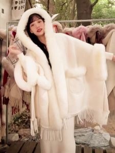 Jia Beifei Cashmere One-Piece Shoulder Cover Womens Autumn Winter Mid-Length Hooded Cardigan Loose Style Thickened Knitted Coat