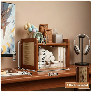 Boho Rattan Desktop Bookshelf Multi Tier Wooden Desk Storage Rack Pegboard Side Book Organizer for Office Bedroom Study Decor