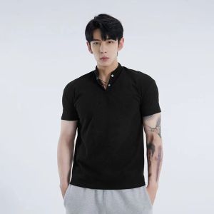 Summer Short Sleeve Polo Shirt Henry Collar Sport Fitness Mens T-shirt Elastic Breathable Casual Wear for Daily Use