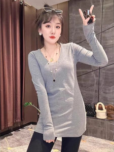 Áo Thun Dài Tay Cổ Chữ V Ôm Vừa Vặn Màu Xám Mùa Xuân Thu Cho Nữ Áo Lót Đa Năng Thường Ngày Áo Thun Cotton Dài Vừa Phải