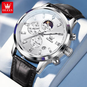 OLEVS Watch For Men Original Waterproof Fashion Multifunctional Moon Phase Dial Luxury Genuine Leather Strap Calendar Luminous Sport Watch